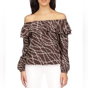MICHAEL Michael Kors Printed Pebble Crepe Off-the-Shoulder L/S Bias Cut‎ Top M